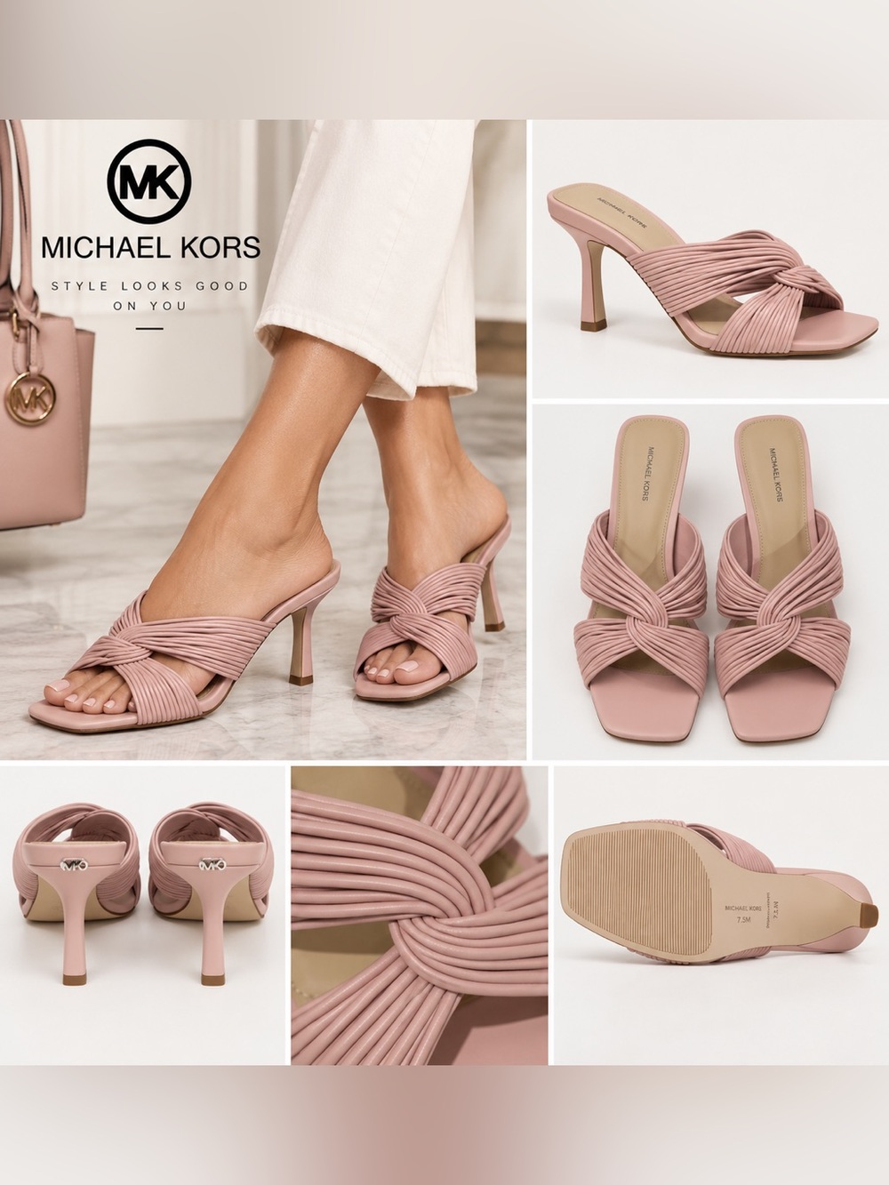 Michael Kors Alessia Smokey Rose Knotted Mule Heels Sandals Size 7.5